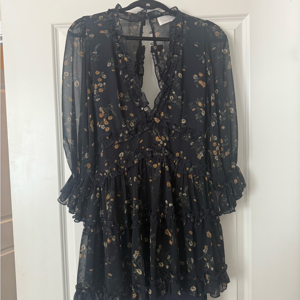 Black and Gold Ruffled Mini Dress with Plunge Neckline